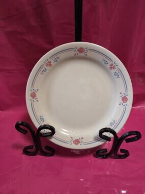 FOUR 7.25" Salad Plates - Corelle EMBROIDERY (sand blue pink roses) - NICE!